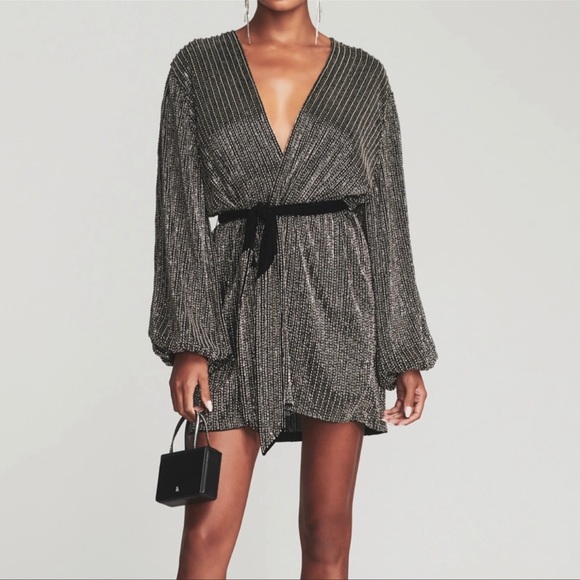 RETROFETE Gabrielle Velvet-trimmed Beaded Chiffon Mini Wrap Dress in Silver - Picture 5 of 9